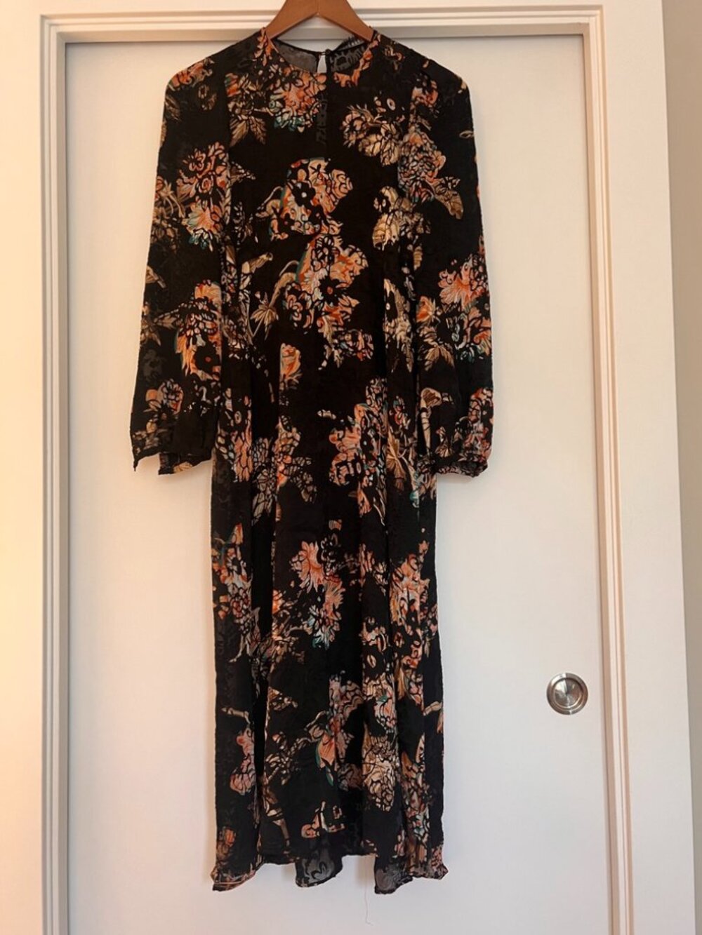 Zara Woman Black Floral Burnout Midi Dress Size S Romantic Long Sleeve